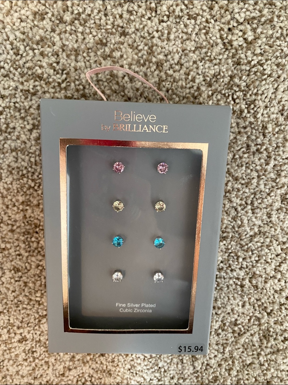 NWT Believe by Brilliance Pink, Yellow, Blue & Clear Stud Earring Set - 6 Pairs